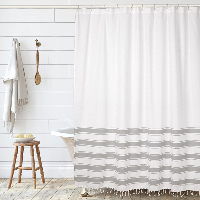 Folkulture Boho Shower Curtain 72" X 72" Water Repellent White Shower Curtain With Tassels, Grey Shower Curtains Recycled Cotton, (Gray)