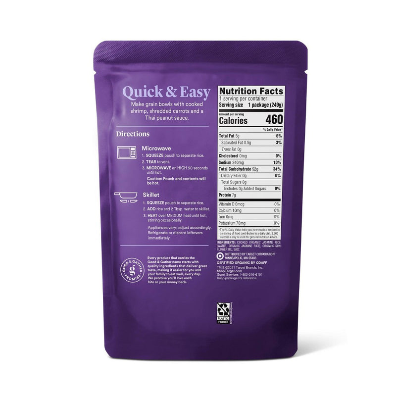 90 Second Organic Jasmine Rice Microwavable Pouch - 8.8oz - Good & Gather
