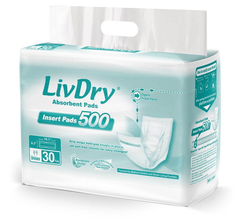 Livdry Incontinence Pads For Women And Men, Long Length Insert, Extra Absorbency With Odor Control (30 Count)