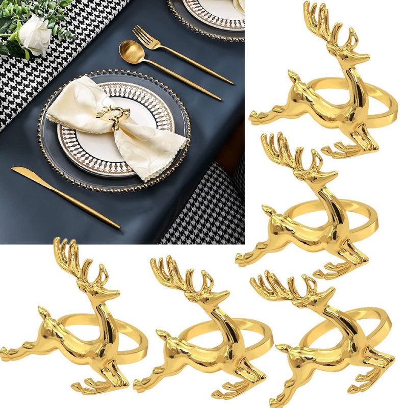 Napkin Rings Holders Set Of 6 Fall Wedding Holiday Christmas Metal Dinner Parties Home Table Decoration (Gold Deerlet, 6)