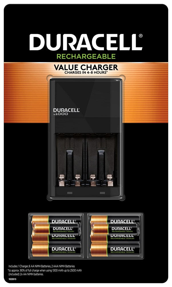 Duracell Ion Speed 1000 Charger For Rechargeable AA + AAA Batteries,W/6 AA,2 AAA