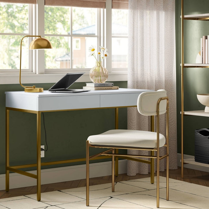 Loring Wood Writing Desk with Drawers and Charging Station White/Gold - Threshold: Home Office, USB Port (LOCAL PICKUP ONLY)