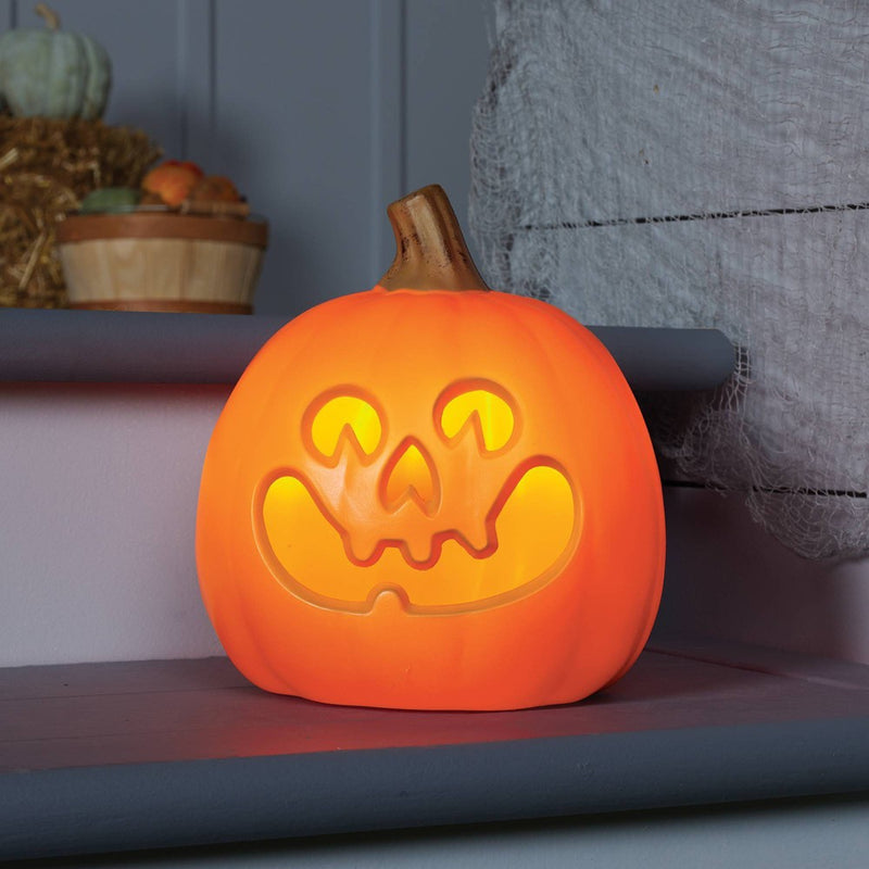 9" Light Up Pumpkin with Timer Halloween Decorative Prop Happy Orange with 4 Teeth - Hyde & EEK! Boutique: Indoor/Outdoor Use
