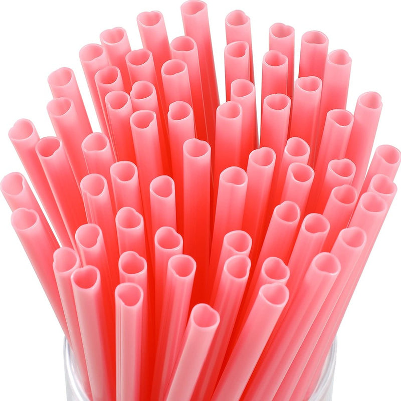 Pickmesh 100 Pieces Valentine Straws Heart Shaped Pink Straws Plastic Disposable Drinking Cute Straw Drinking Coffee Milk Straw Valentine Party Favors For Bridal Shower Wedding Supplies