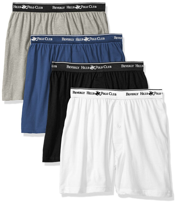 Beverly Hills Polo Club Men's Multi 4 Pack Comfort Knit Boxer Vibrant, White/Black/Navy/Grey Heather, Small