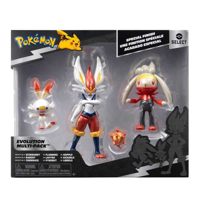 Pokemon Scorbunny, Raboot, and Cinderace Select Evolution Action Figure Set
