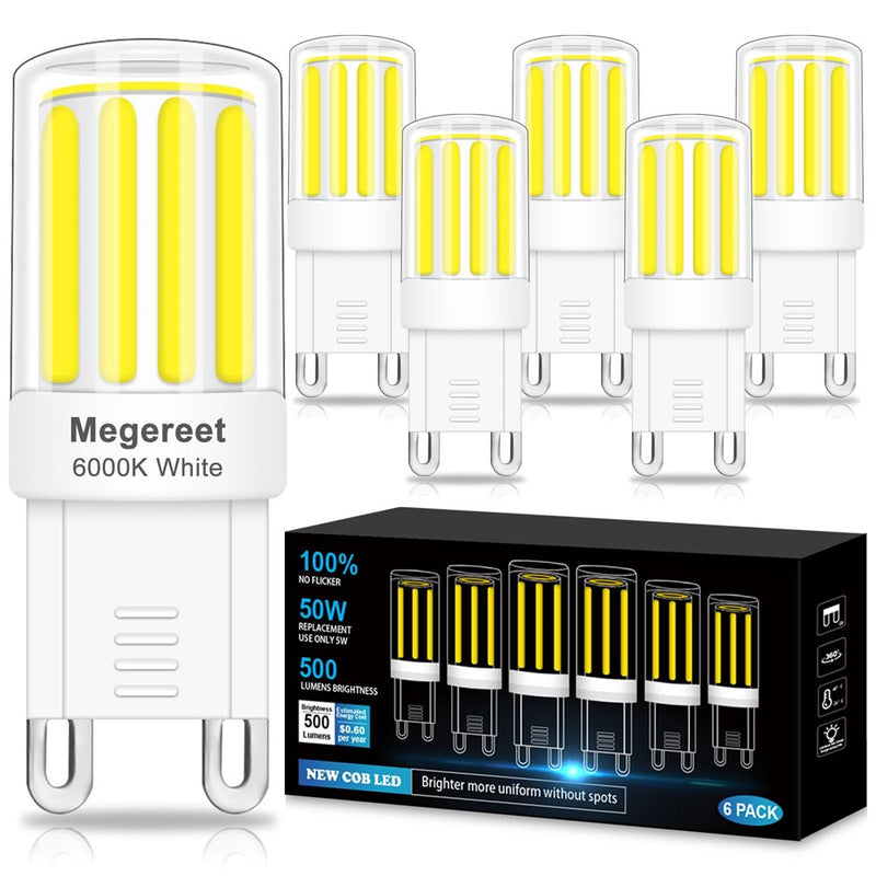 Megereet G9 LED Bulb, 6 Pack 5W COB G9 LED Light Bulb 500LM 6000K Daylight White Chandelier Light Bulb,40W -50W T4 Halogen Equivalent,Ceramic G9 Bi Pin Base,CRI 85 120V 360° Beam Angle,Non-Dimmable