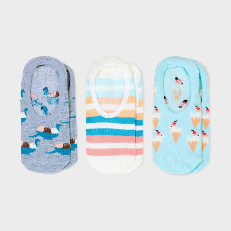 Women's Dino Sundaes 3pk Liner Socks - Heather Gray/Ivory/Blue 4-10