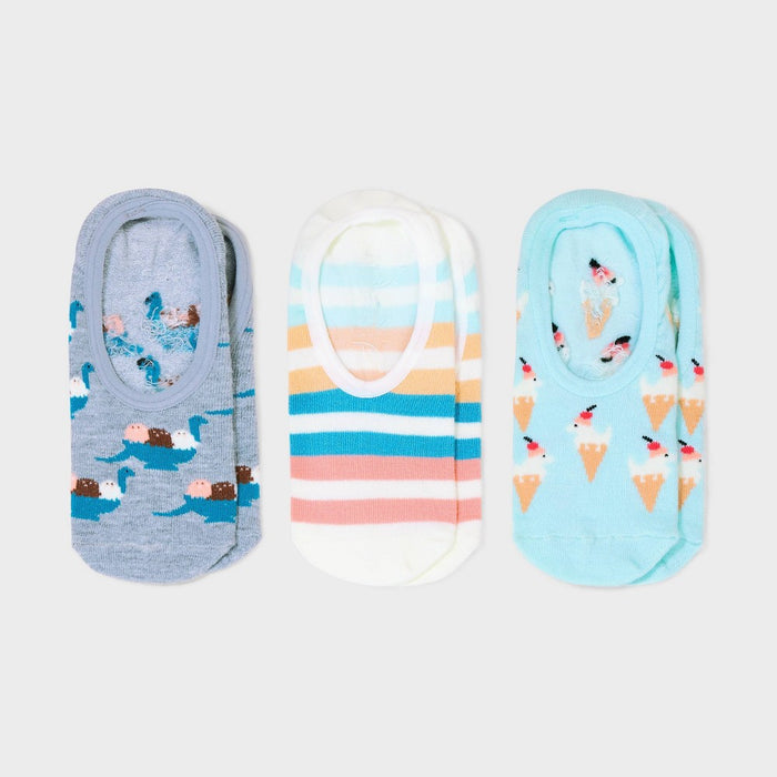 Women's Dino Sundaes 3pk Liner Socks - Heather Gray/Ivory/Blue 4-10