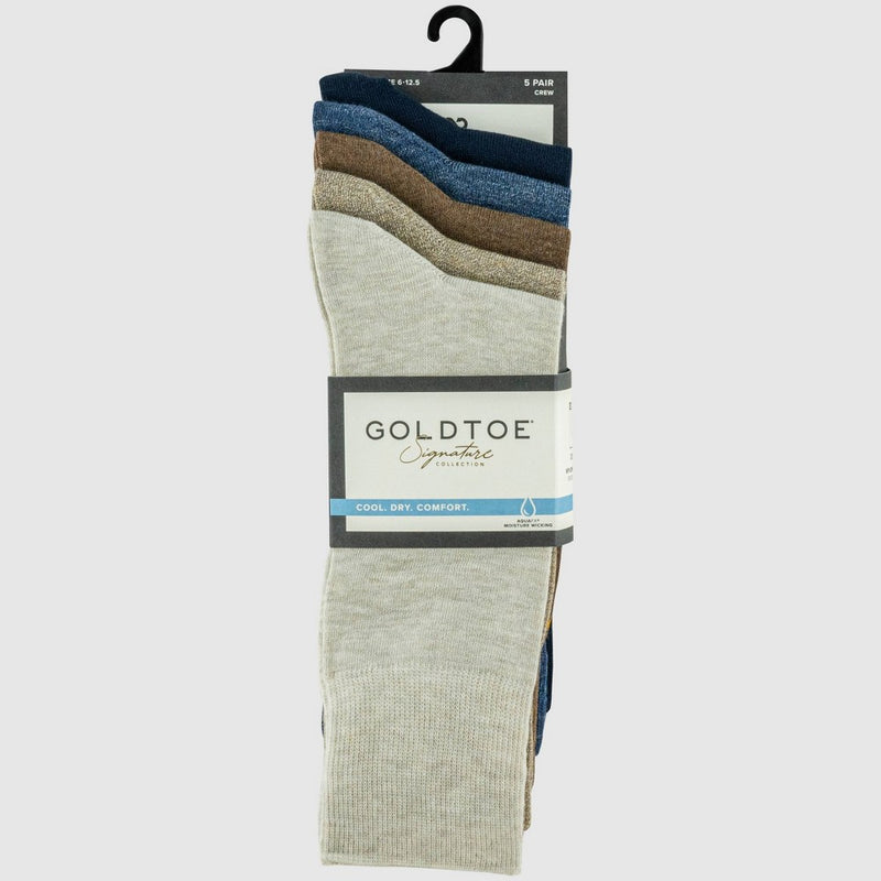 Goldtoe Signature Collection Men's Comfort Top Flat Knit Crew Socks 5pk - Khaki/Blue 6-12.5