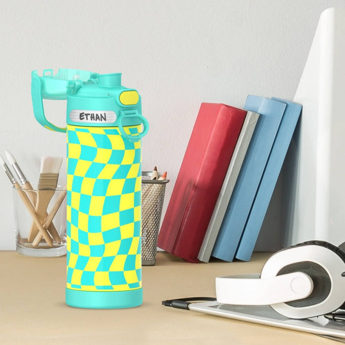 Thermos 16oz Stainless Steel FUNtainer Water Bottle with Bail Handle - Teal Checkers
