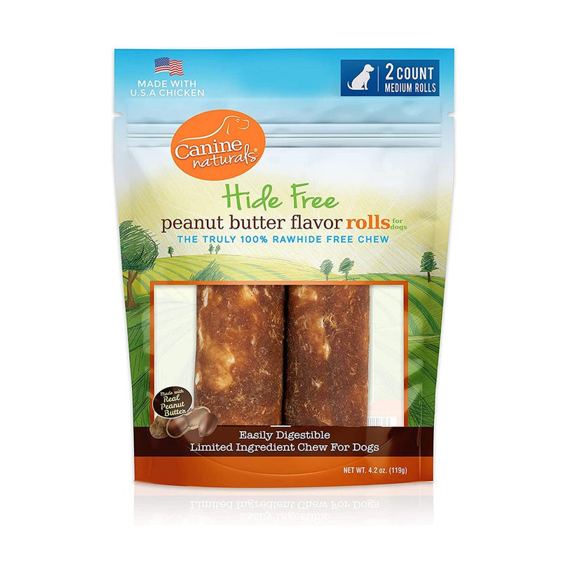 Canine Naturals Peanut Butter Chew - 100% Rawhide Free Dog Treats - Made With Real Peanut Butter - All-Natural And Easily Digestible - 2 Pack Of 4 Inch Medium Rolls For Dogs 20-50Lb