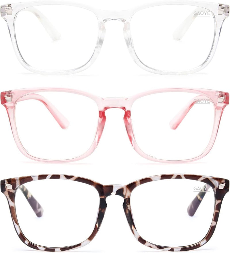 3-Pack Blue Light Blocking Glasses For Women Men, Fashion Square Fake Nerd Eyeglasses Frame Anti UV Ray Filter Computer Gaming Glasses (Leopard+Transparent+Pink)