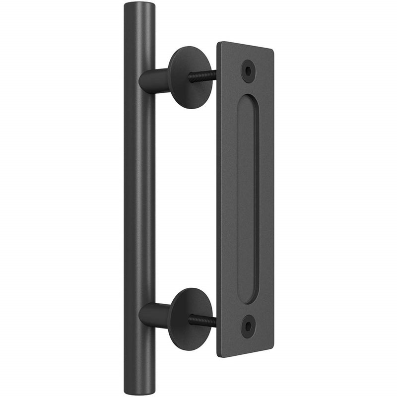SMARTSTANDARD Heavy Duty 12" Pull And Flush Barn Door Handle Set, Large Rustic Two-Side Design, For Gates Garages Sheds Furniture, Solid Steel Material, Round, Black