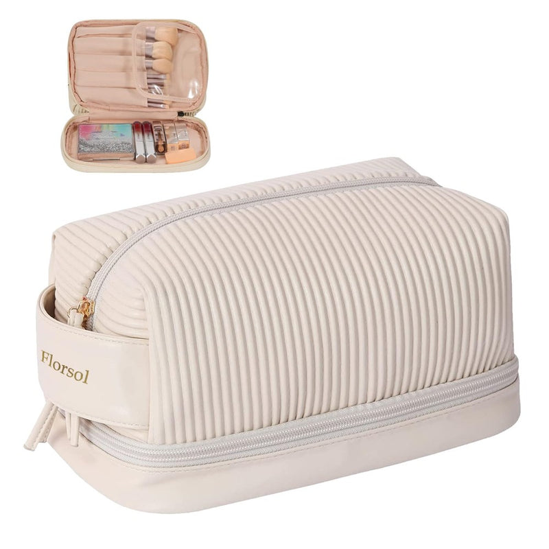 Florsol Cosmetic Travel Bag Double Layer Makeup Bag With Brush Organizer, Portable Cosmetic Bag Makeup Pouch With Hanging, Make Up Bag Travelling For Women And Girls-White