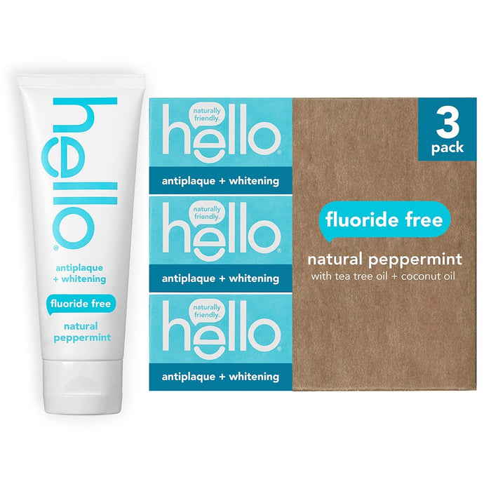 Hello Antiplaque Toothpaste, Fluoride Free For Teeth Whitening With Natural single 0 Peppermint Flavor And Tea Tree Oil, Peroxide Free, Gluten Free, SLS Free, 3 Pack, 4.7 OZ Tubes