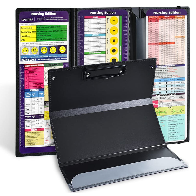 Vuzvuv Nursing Clipboard Foldable,Black Nurse Pocket Clipboard 3 Layers With Nursing Medical Edition Cheat Sheets, Foldable Nurse Clip Boards Notepad For Students, Nurses, Doctors And Medical Staff