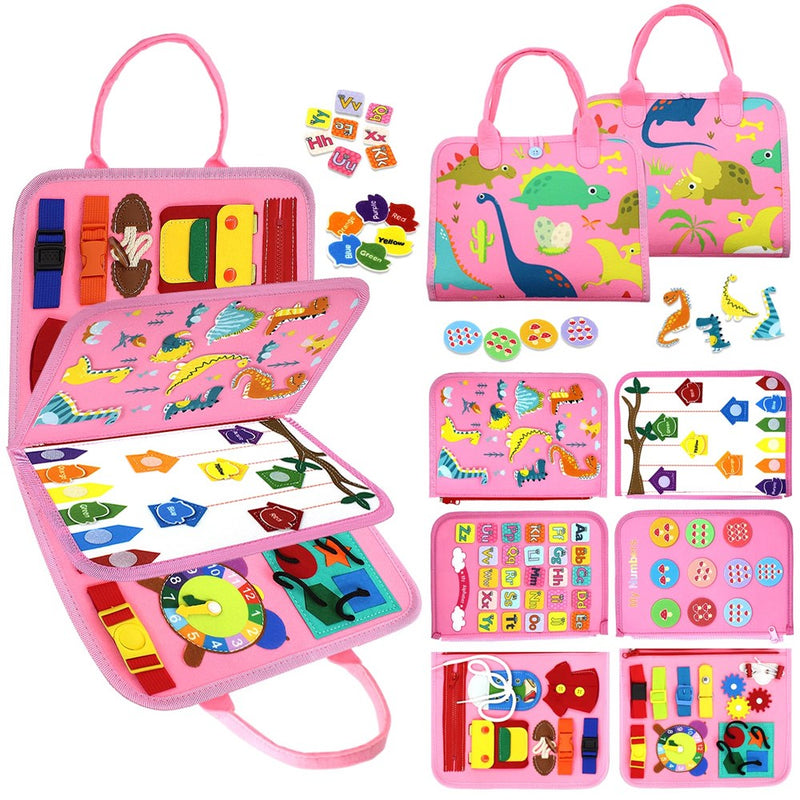 VARANO Montessori Busy Board Book Toy For 1 2 3 Year Old, Educational Sensory Toys For Toddlers 1-3, Car & Airplane Activities For Travel And Learning – Gifts For Boys And Girls (Pink/Dino)