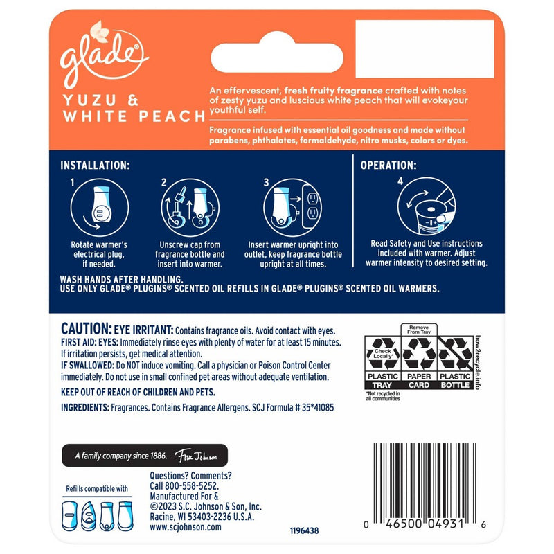 Glade PlugIns Scented Oil Air Freshener Refills White Peach & Yuzu - 1.34 fl oz/2pk