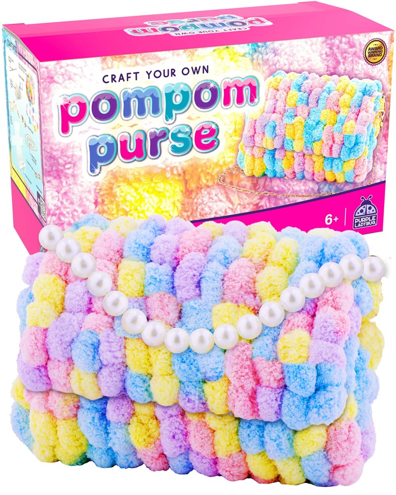 PURPLE LADYBUG Make Your Own Pom Poms Purse Kit - Arts And Crafts For Kids Ages 6-8 Girls, Crafts For Girls Ages 6-8, Gifts For Girls 6 7 8 9 10 Year Old, Birthday Gifts, Christmas Gifts For Girls