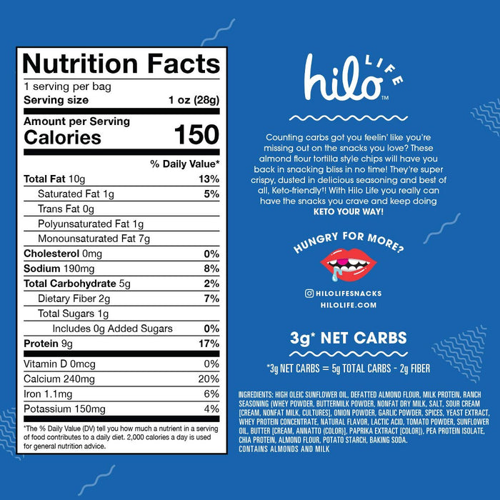 Hilo Life Tortilla Chips Ranch - Case of 12 - 1 oz