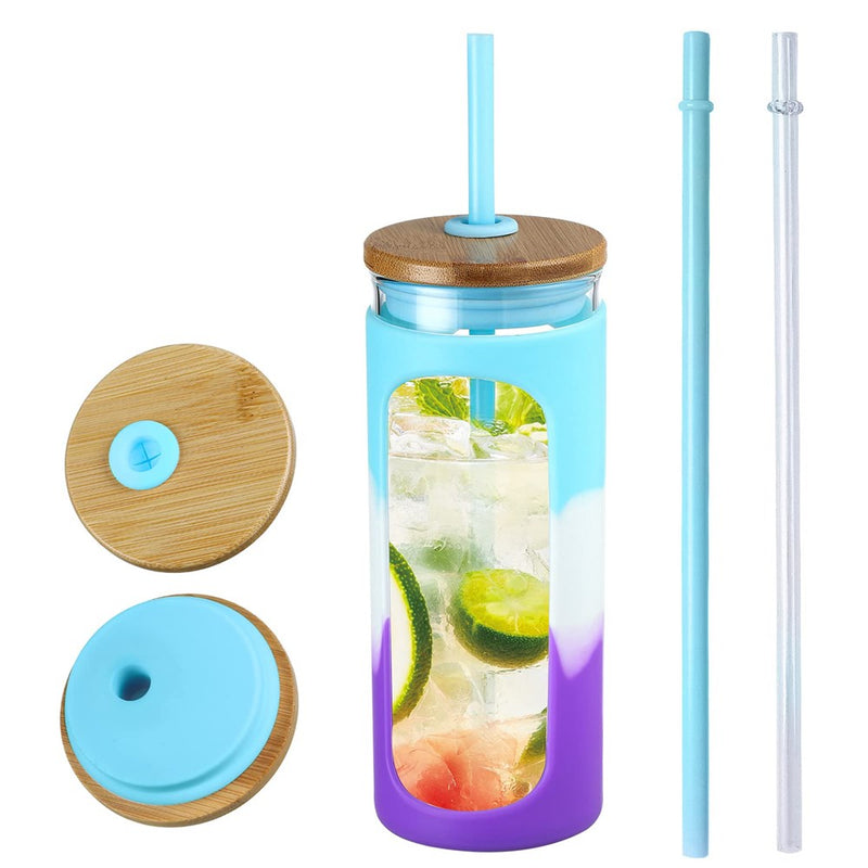 Kodrine 20Oz Glass Water Bottle With Straw And Lid,Bamboo Lids Water Tumbler, Iced Coffee Cup Reusable, Wide Mouth Smoothies Cup, Straw Silicone Protective Sleeve BPA FREE-Blue Purple