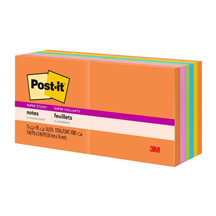 Post-it Super Sticky Notes, 3 in. x 3 in., Energy Boost Collection, 12 Pads/Pack