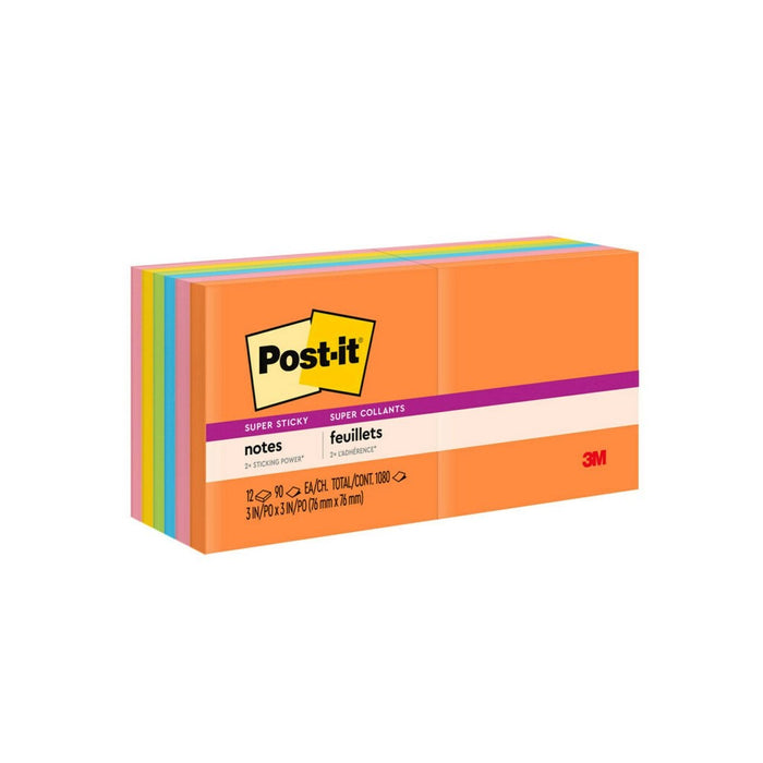 Post-it Super Sticky Notes, 3 in. x 3 in., Energy Boost Collection, 12 Pads/Pack
