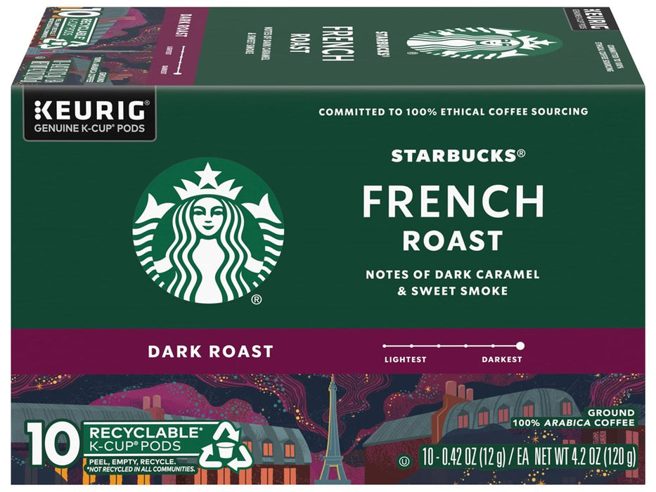 Starbucks Coffee K-Cup Pods, French Roast, Dark Roast Ground Coffee K-Cups For Keurig Brewers, 100% Arabica Coffee, 10 CT K-Cup Pods/Box (Pack Of 1 Box)