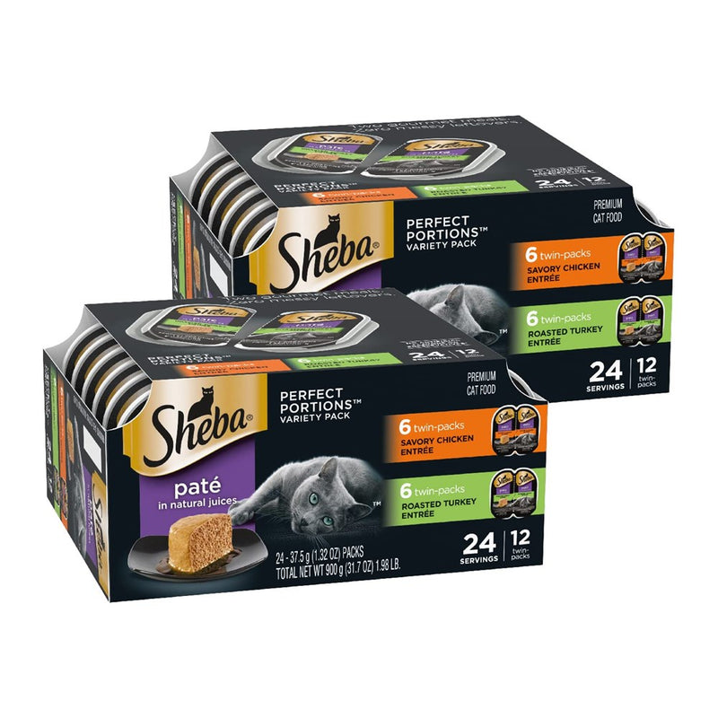 SHEBA 24 CT PERFECT PORTIONS Paté Adult Wet Cat Food Trays , Savory Chicken And Roasted Turkey Entrée, Easy Peel Twin-Pack Trays