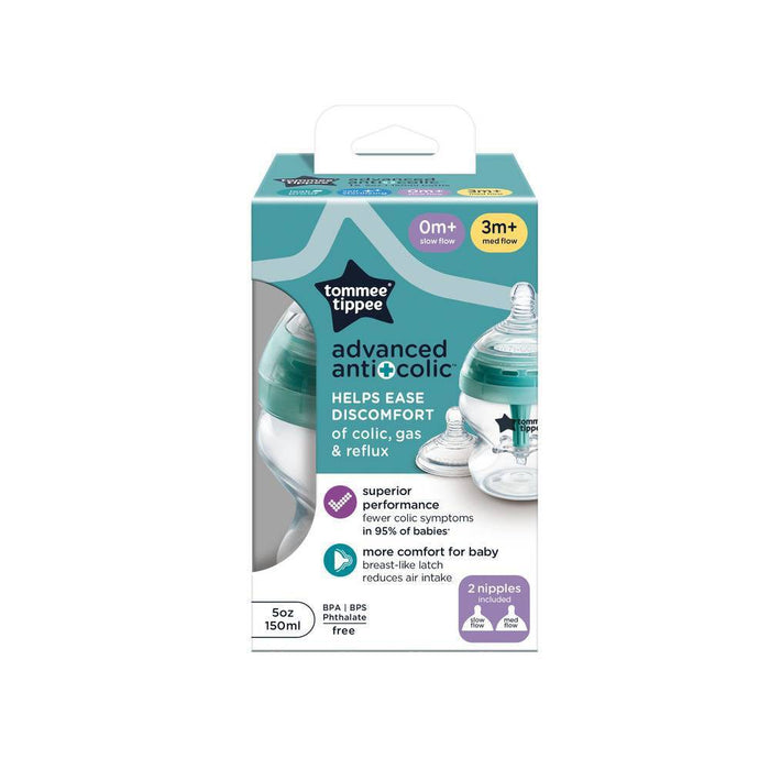 Tommee Tippee Advanced Anti-Colic Bottle with Slow and Medium Flow Nipples - 5oz