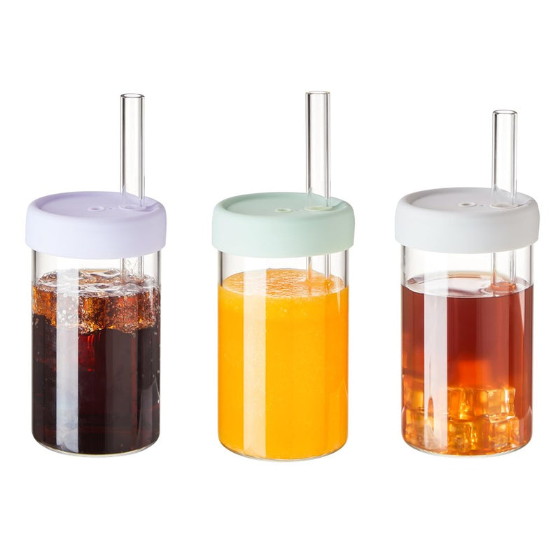Sweejar Glass Cups With Lids And Straws, Drinking Glasses With Silicone Lids And Glass Straw, Iced Coffee Tumbler, Cute Water Cups,20 Ounces, Set Of 3(Purple+Green+Grey)
