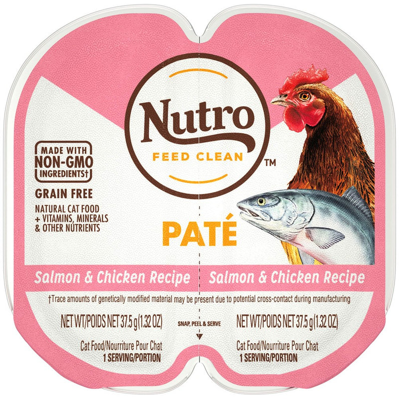 NUTRO Grain Free Natural Wet Cat Food Paté Salmon & Chicken Recipe, 2.64 Oz. PERFECT PORTIONS Twin-Pack Trays, Pack Of 24