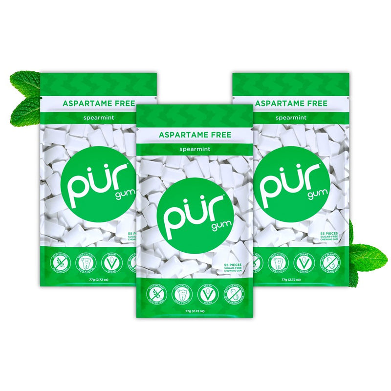 SINGLE PUR Gum | Aspartame Free Chewing Gum | 100% Xylitol | Natural Spearmint Flavored Gum, 55 Pieces (Pack Of 3)