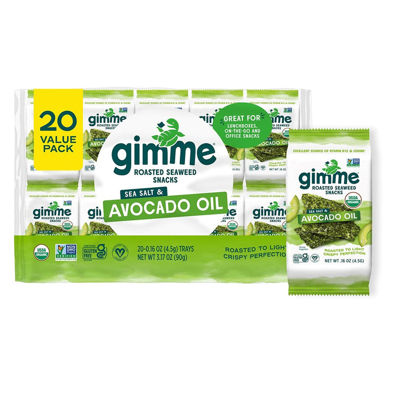 Gimme Seaweed - Sea Salt & Avocado Oil - 20 Count - Organic Roasted Seaweed Sheets - Keto, Vegan, Gluten Free - Great Source Of Iodine & Omega 3’S - Healthy On-The-Go Snack For Kids & Adults