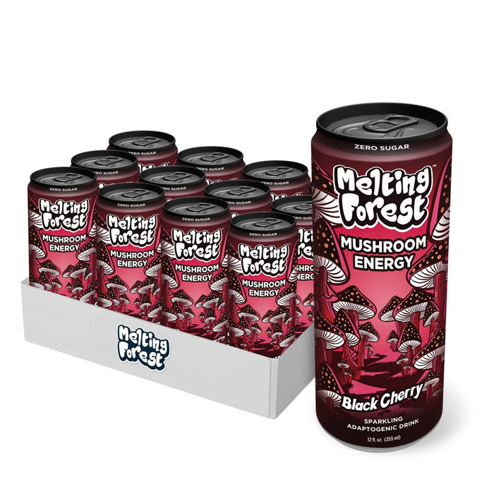 Melting Forest Mushroom Energy Drink - 150Mg Of Caffeine - Cordyceps & Lion's Mane - Energy & Focus - Cognitive Function & Mental Clarity - 12 Pack - Black Cherry