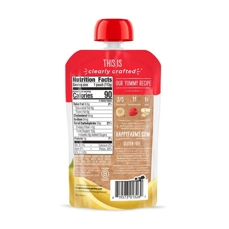 HappyBaby Clearly Crafted Bananas Raspberries & Oats Baby Food Pouch - 4oz