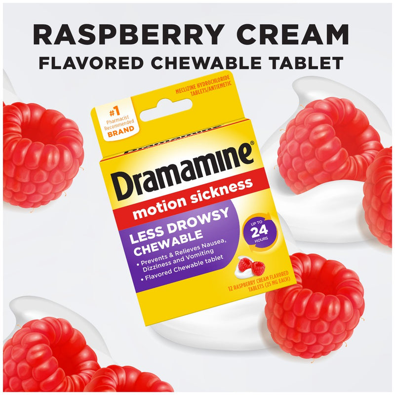 Dramamine All Day Less Drowsy Motion Sickness Relief Chewable Tablets - Raspberry Cream - 12ct
