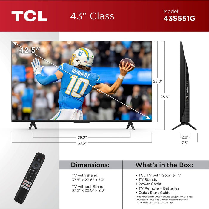 TCL 43" Class S5-Series 4K UHD HDR LED Smart Google TV - 43S551G (LOCAL PICKUP ONLY)