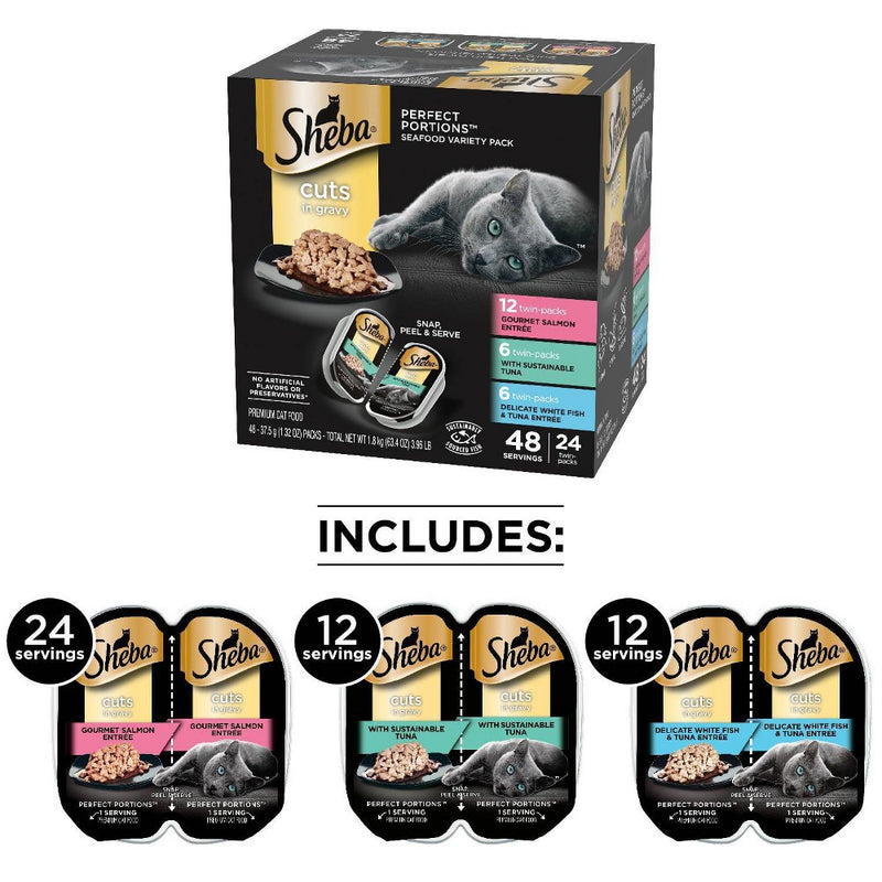 Sheba Perfect Portions Cuts In Gravy Sustainable Tuna,Salmon White Fish & Tuna Premium Wet Cat Food All Stages - 2.6oz/24ct Variety Pack