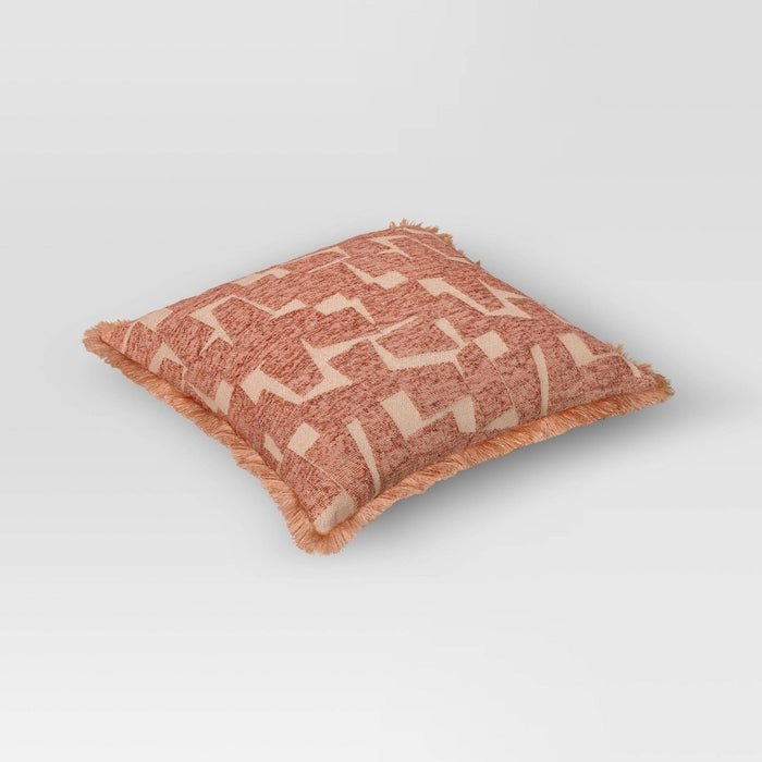 Geometric Patterned Cut Velvet Cotton Blend Square Throw Pillow Terracotta - Threshold: Luxury Jacquard, Indoor Decor
