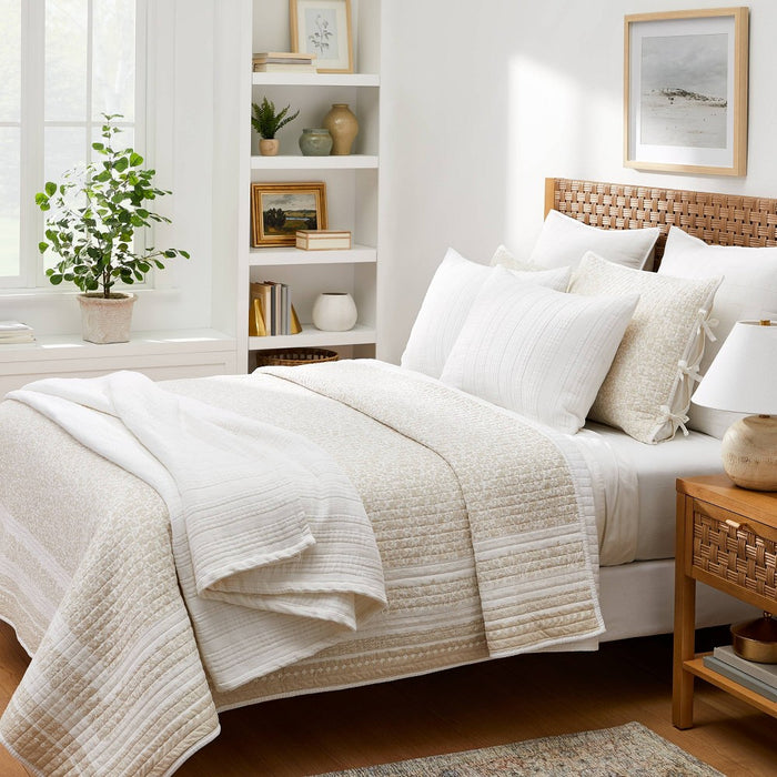 King Decorative Border Cotton Slub Wood Block Print Quilt White/Beige Floral - Threshold designed with Studio McGee: OEKO-TEX Certified