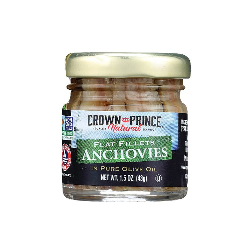 Crown Prince Wild Caught Anchovies Flat Fillets in Pure Olive Oil 1.5 oz Jar