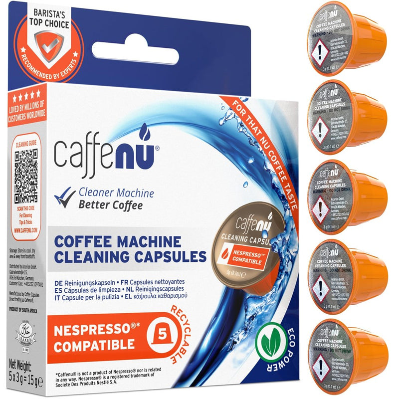 Nespresso Compatible Cleaning Pods. 5 Nespresso Cleaner Capsules. Improved Coffee Flavour. For Nespresso Originaline, Use With Nespresso Descaling Kit.