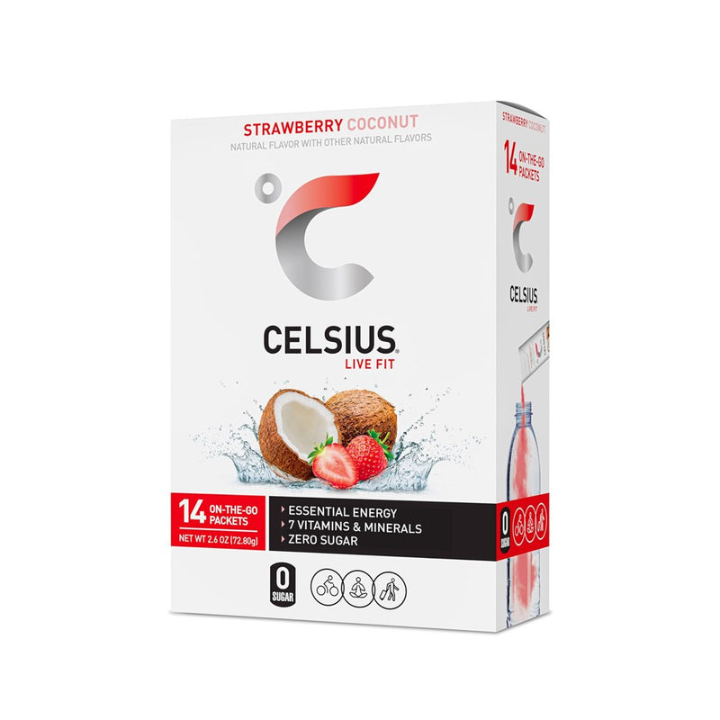 CELSIUS® On-The-Go Powder Sticks Strawberry Coconut, Essential Energy 2.6 Oz (14 Sticks Per Pack)
