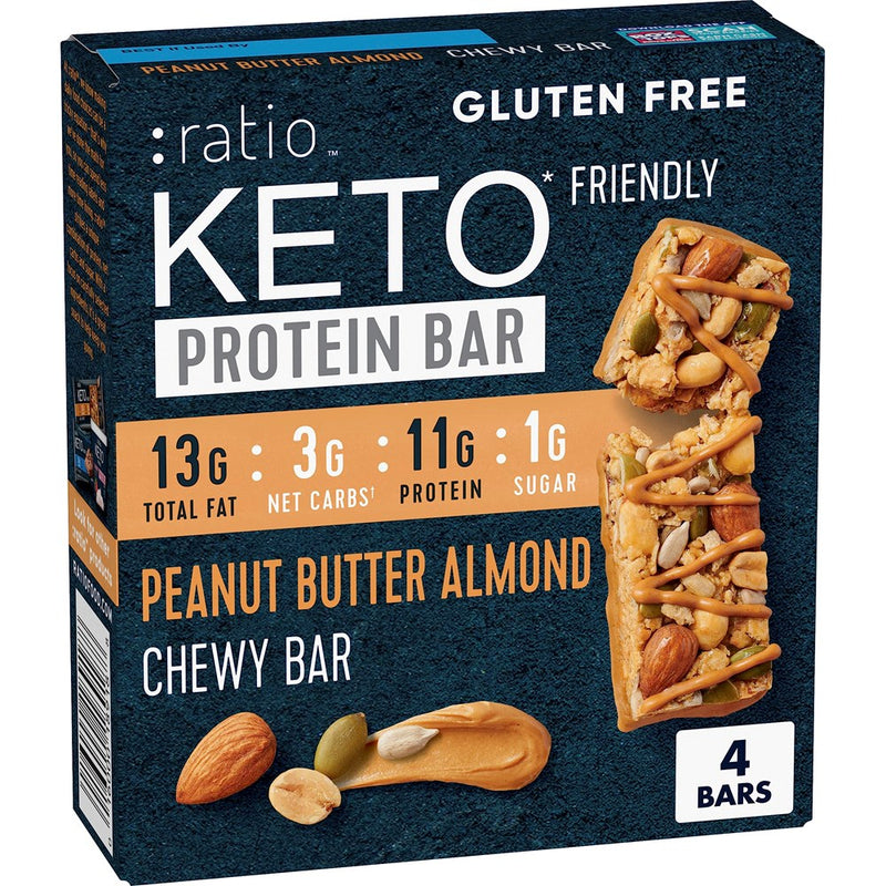 Ratio Chewy Protein Bar, Peanut Butter Almond, 11G Protein, Keto Friendly, 5.6 OZ (4 Bars)