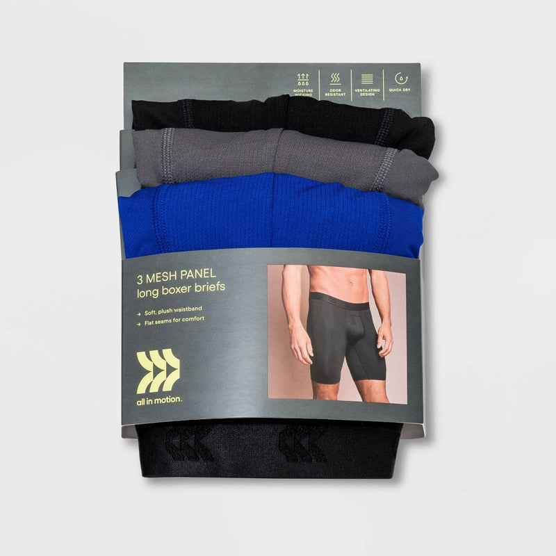 Men's Jersey Mesh Performance 3pk Long Leg Boxer Briefs - All In Motion Black/Gray/Blue XL