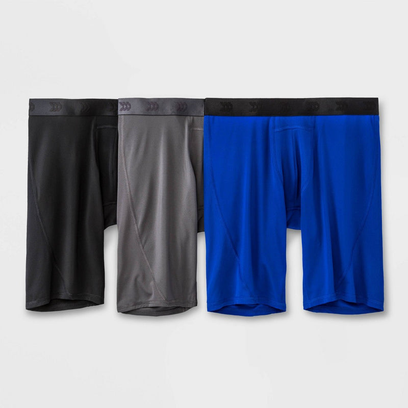 Men's Jersey Mesh Performance 3pk Long Leg Boxer Briefs - All In Motion Black/Gray/Blue XL