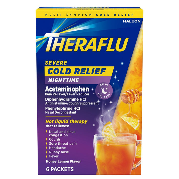 Theraflu Nighttime Severe Cold & Cough Relief Powder - Acetaminophen - Honey Lemon - 6ct