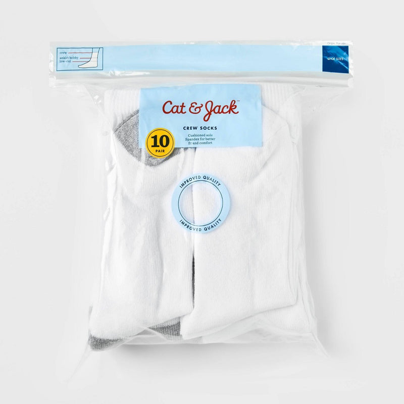 Boys' 10pk Crew Athletic Socks - Cat & Jack White S